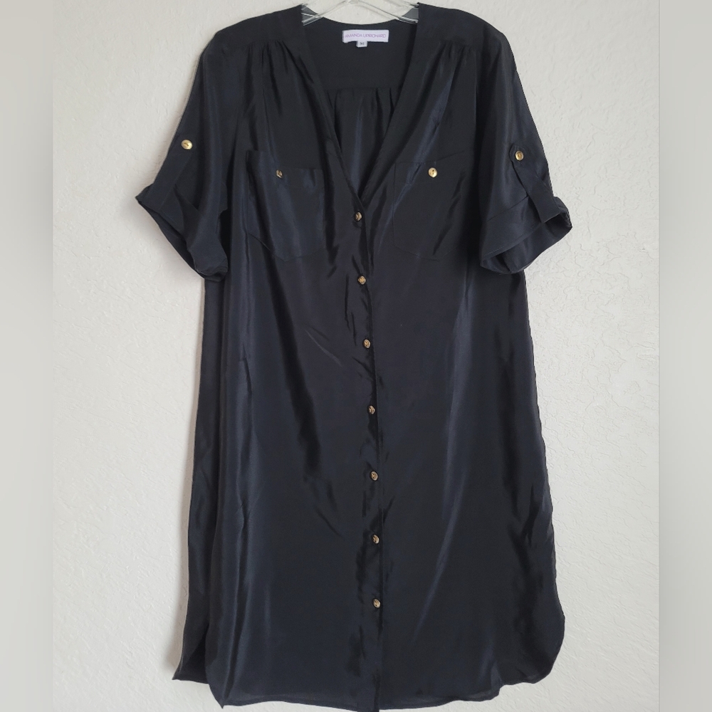 Revolve X Amanda Uprichard Dress Black Silk Shirt Womens Size Medium Button Up